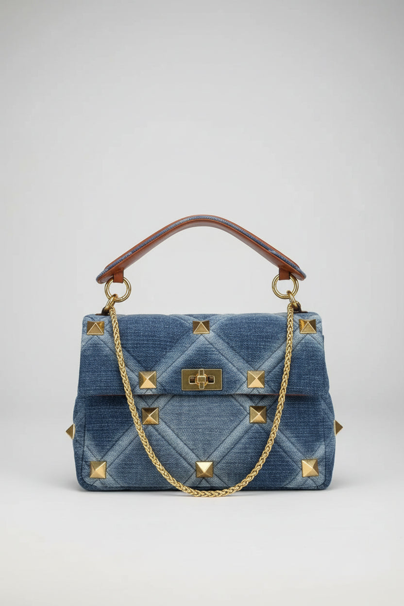 Belle Studded Denim Flap Shoulder Bag