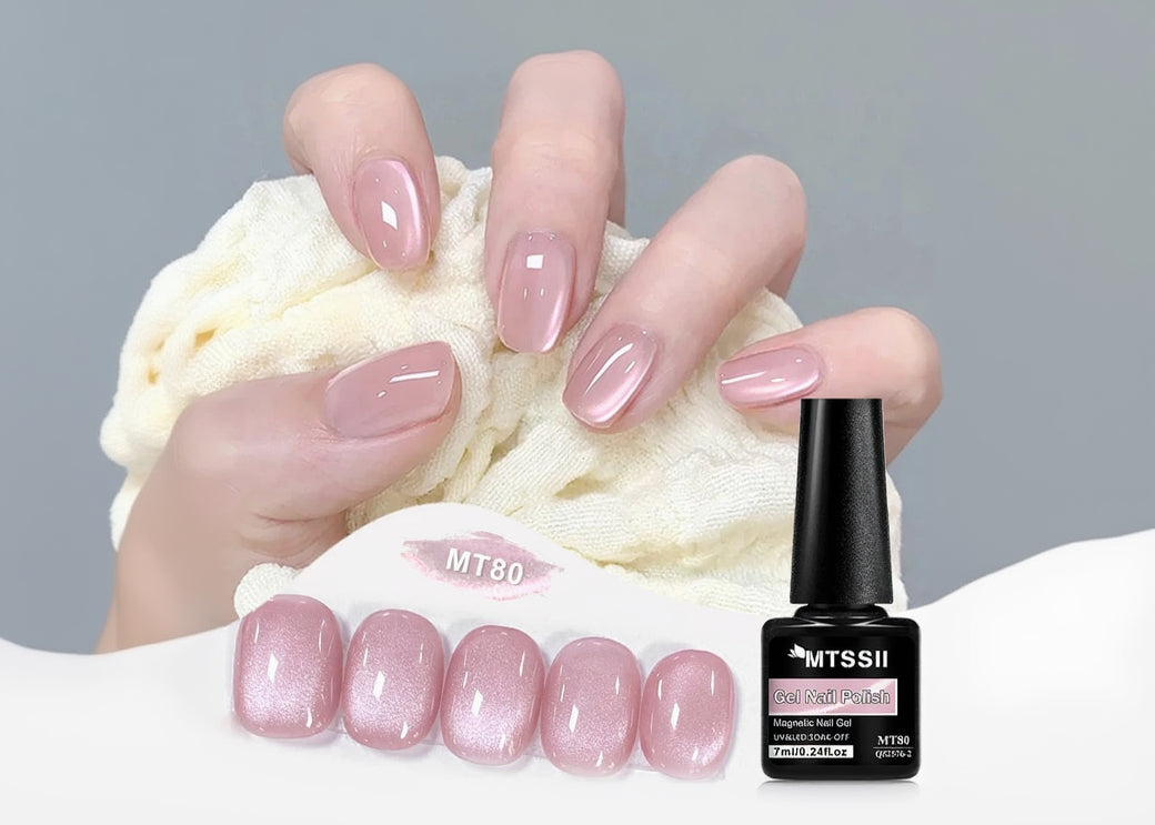 Pink gel nail polish with a bottle and nail samples on a white background