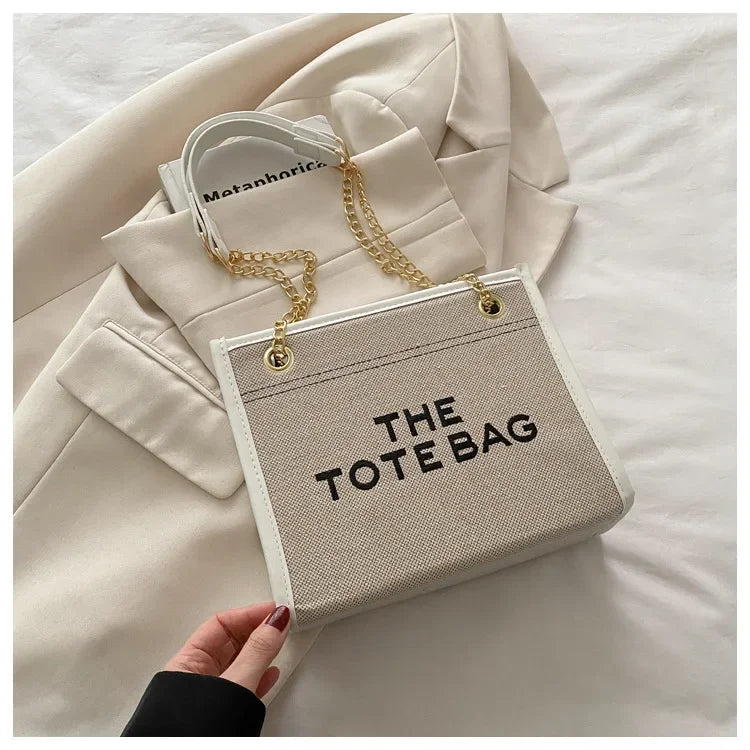 Denim Chain Tote Bag with Embroidered Statement Detail