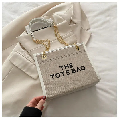 Denim Chain Tote Bag with Embroidered Statement Detail