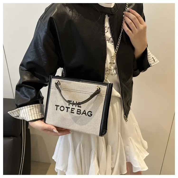 Denim Chain Tote Bag with Embroidered Statement Detail