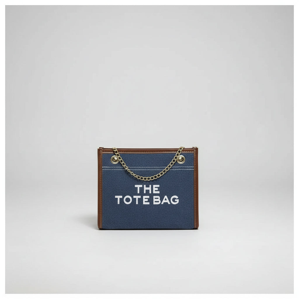 Denim Chain Tote Bag with Embroidered Statement Detail