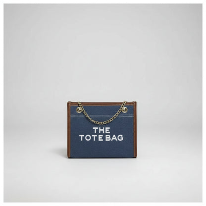 Denim Chain Tote Bag with Embroidered Statement Detail