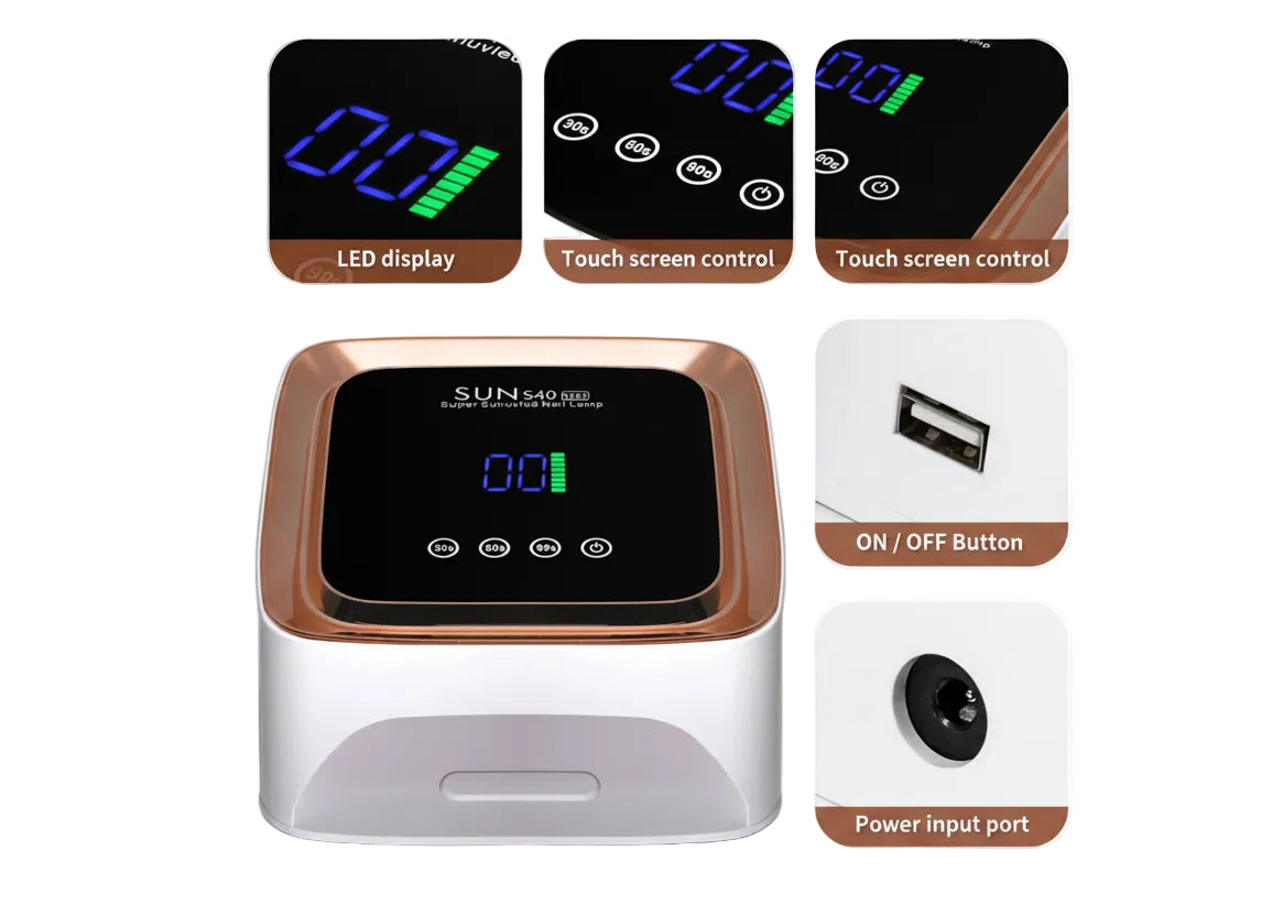 Nail lamp with LED display, touch screen control, on/off button, USB output connector, and power input port.