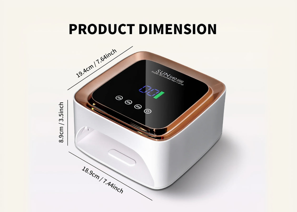 Product dimensions of a white and gold electronic device with a display screen.