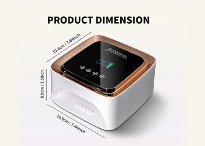 Product dimensions of a white and gold electronic device with a display screen.