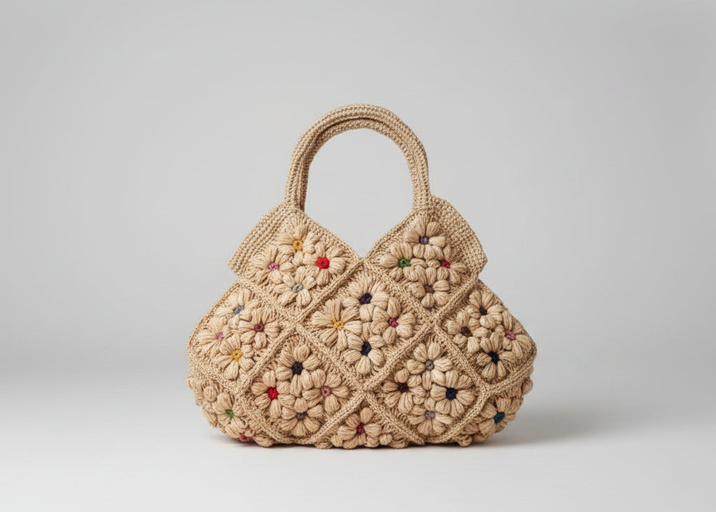 Crocheted handbag with floral pattern on a white surface