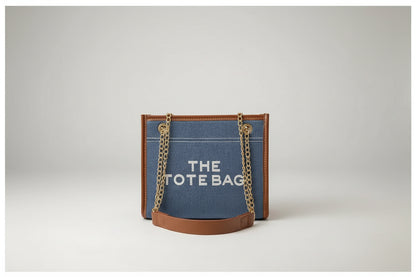 Denim Chain Tote Bag with Embroidered Statement Detail