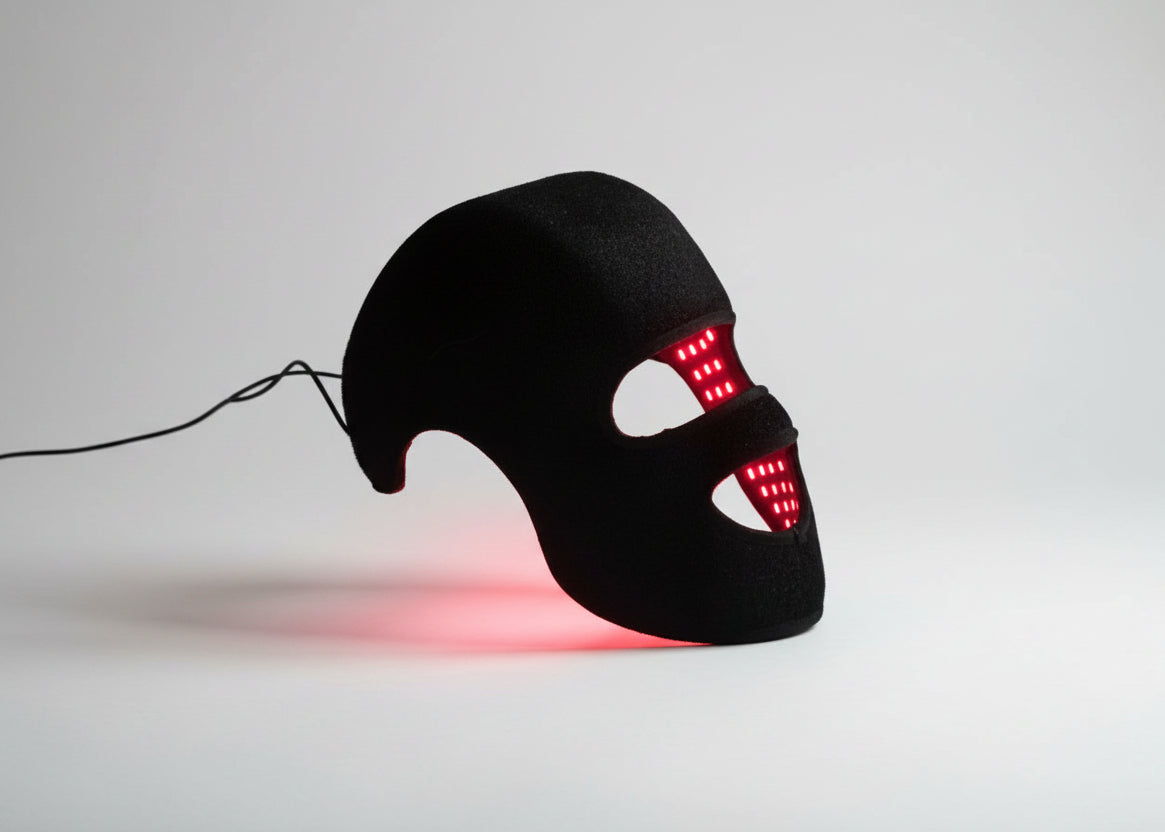Black LED face mask with red and purple lights on a white background