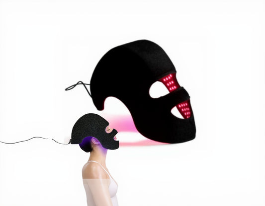 Black LED face mask with red and purple lights on a white background