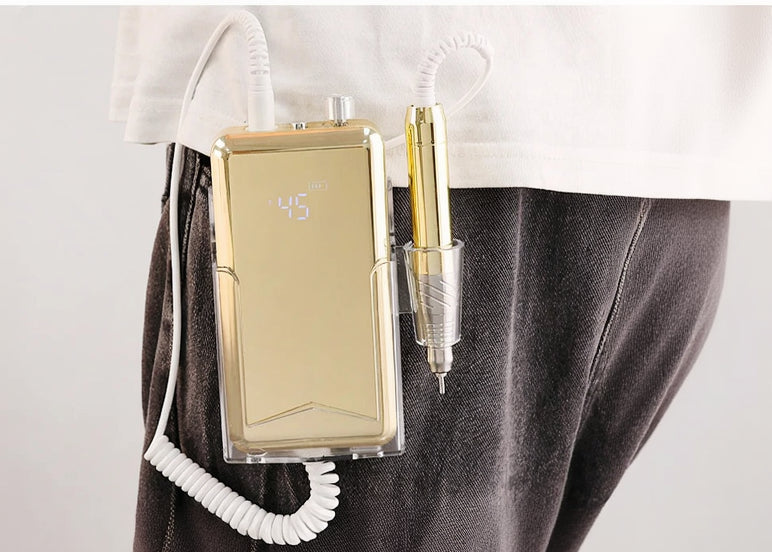 Gold electronic device with transparent protective shell and hook on a white background