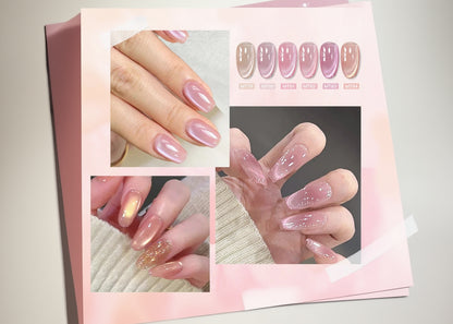 Collage of hands with pink nail polish and color swatches.