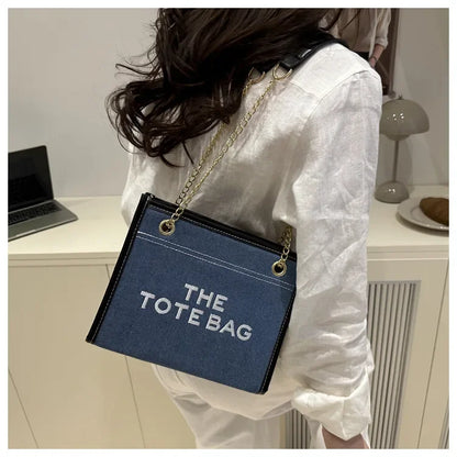 Denim Chain Tote Bag with Embroidered Statement Detail