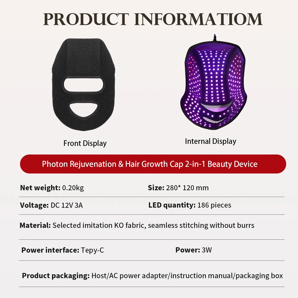 Product information card for a photon rejuvenation and hair growth cap beauty device with front and internal display images.