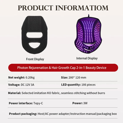 Product information card for a photon rejuvenation and hair growth cap beauty device with front and internal display images.