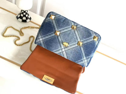Belle Studded Denim Flap Shoulder Bag