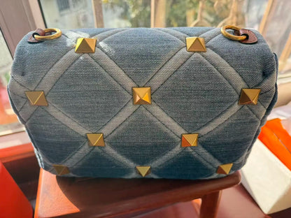 Belle Studded Denim Flap Shoulder Bag