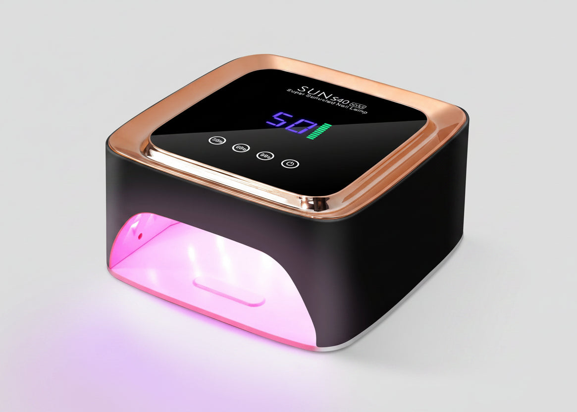 Black and rose gold nail dryer with digital display on a white background