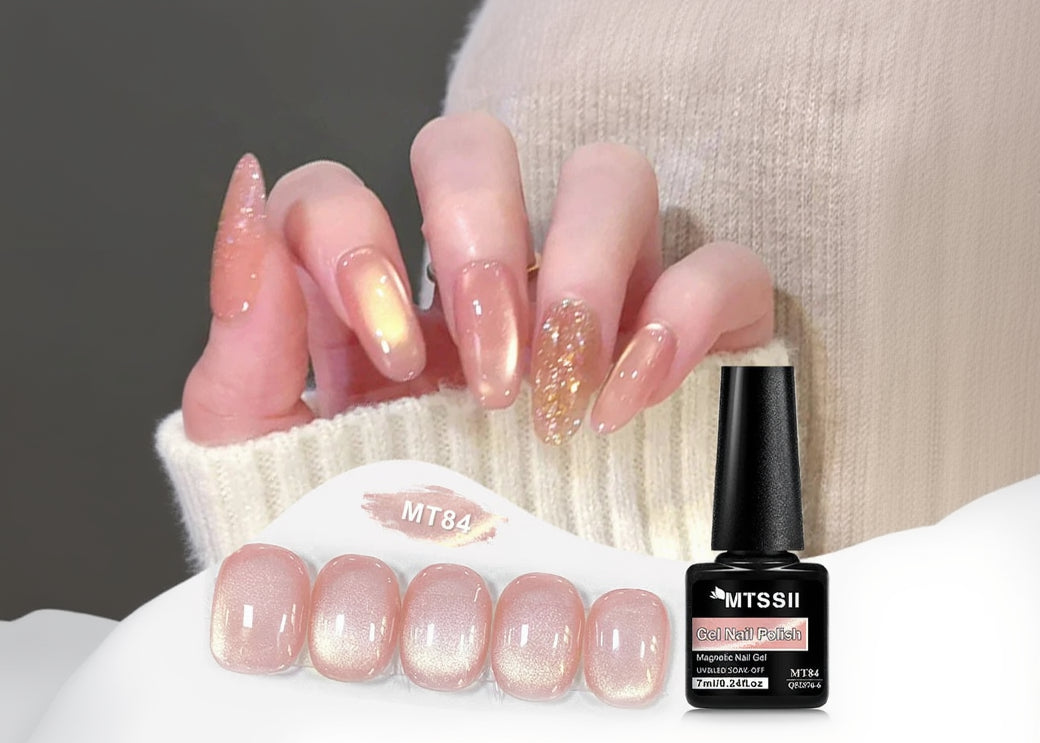 Gel nail polish with a bottle and a hand displaying nails with the same polish.