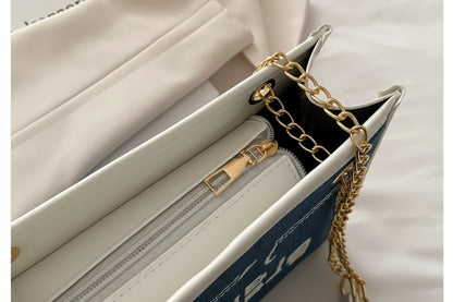 Denim Chain Tote Bag with Embroidered Statement Detail