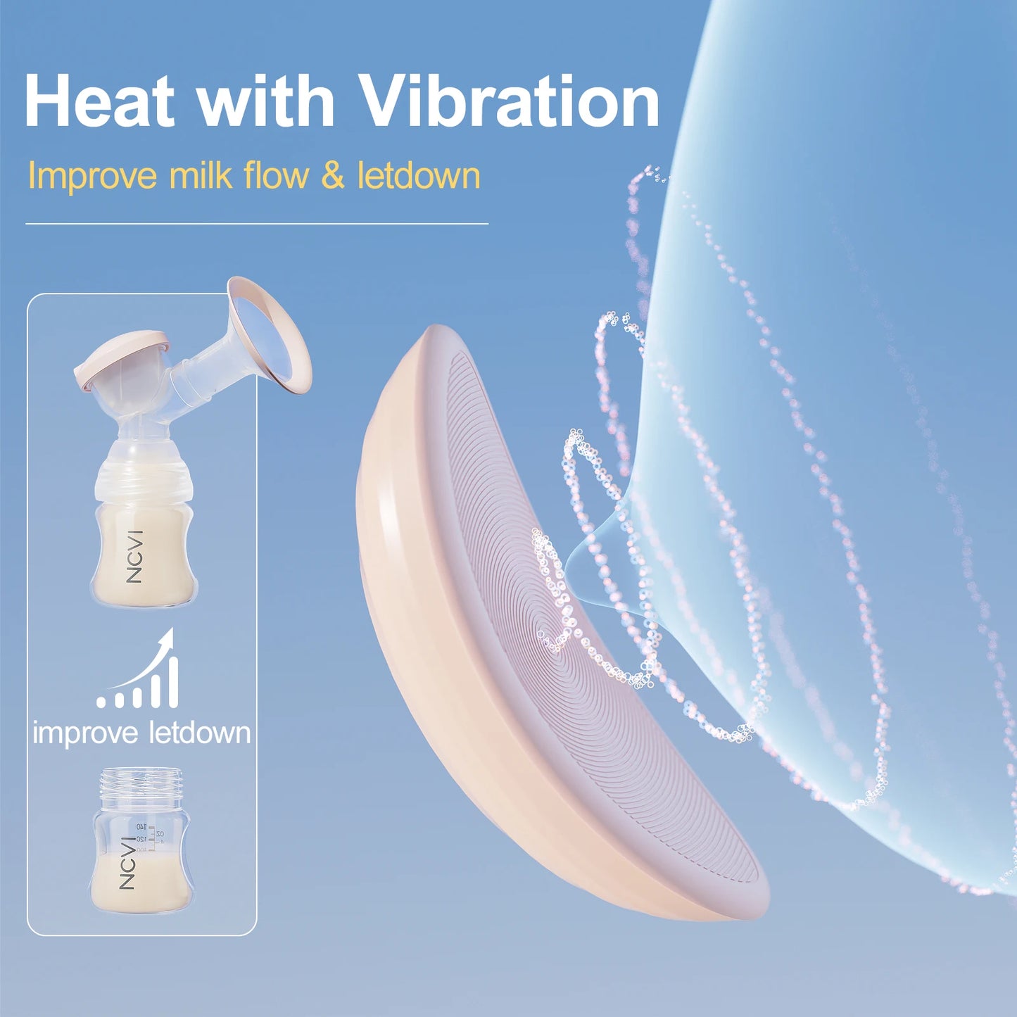 Breast pump and heat pad with text on a blue background