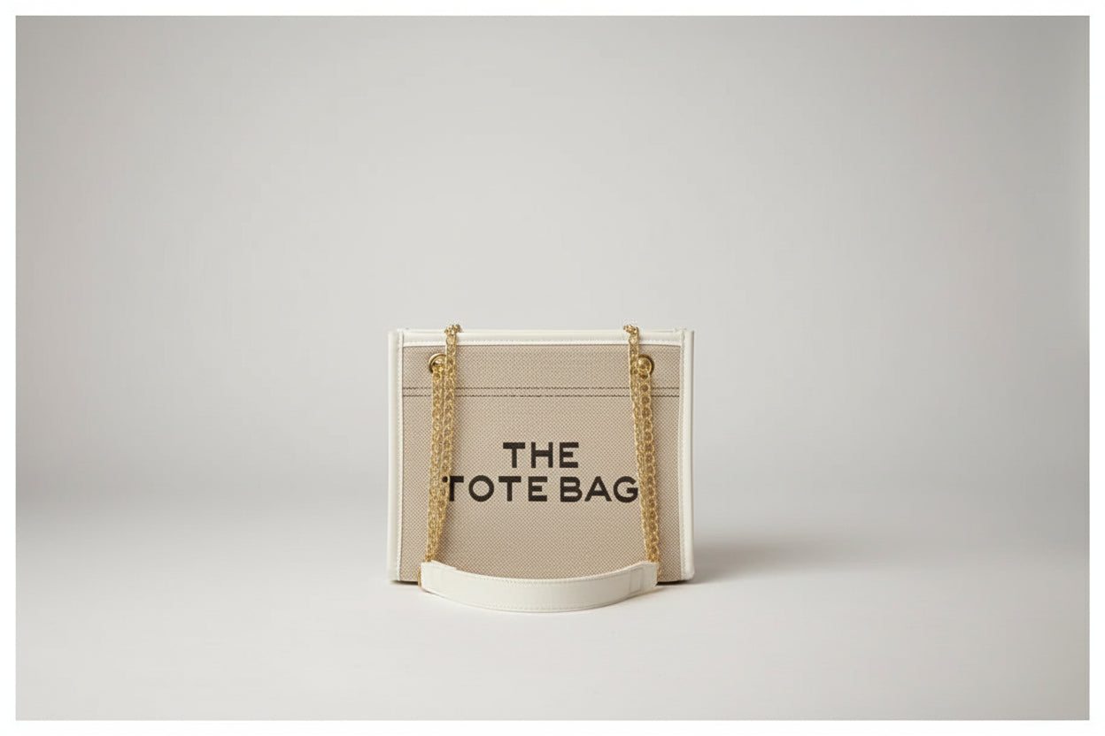 Denim Chain Tote Bag with Embroidered Statement Detail