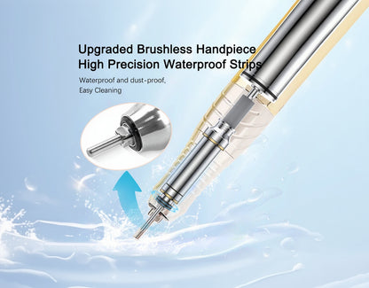 Upgraded brushless handpiece with high precision waterproof strips on a light blue background.
