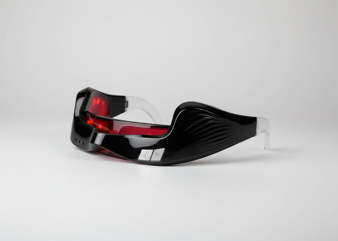 Black and white electronic device with red lens on a white background