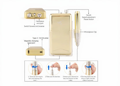 Gold dental tool with labeled parts and usage instructions on a white background