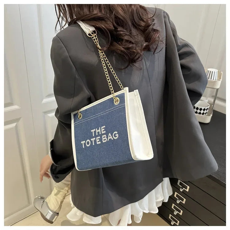 Denim Chain Tote Bag with Embroidered Statement Detail
