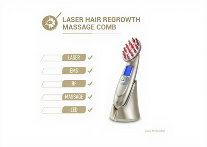 Laser hair regrowth massage comb with LED display on a white background