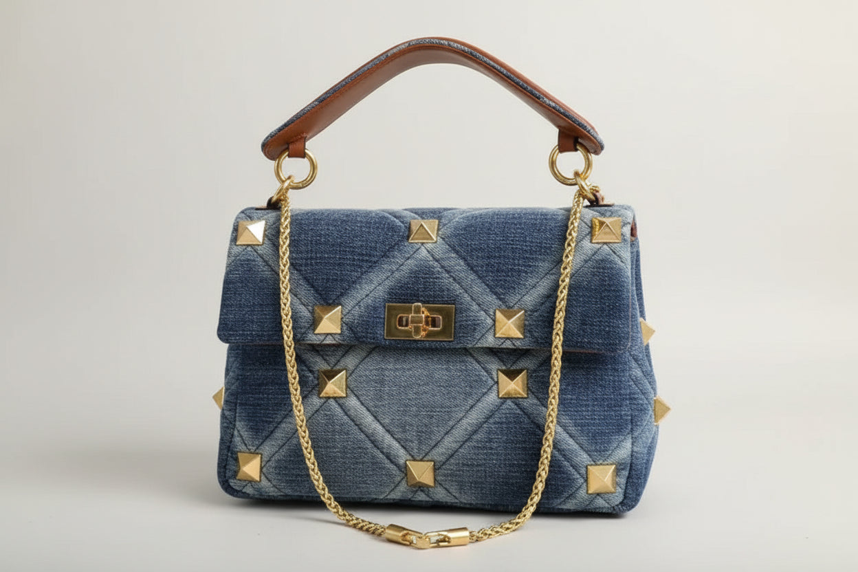 Belle Studded Denim Flap Shoulder Bag