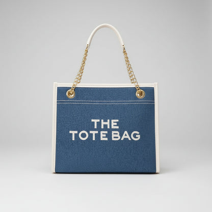 Denim Chain Tote Bag with Embroidered Statement Detail