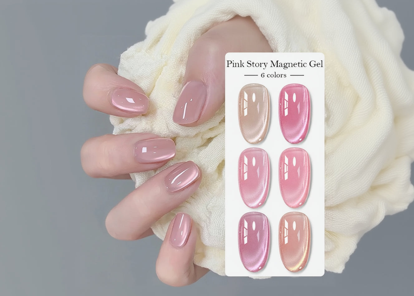 Pink nail gel polish set with a hand wearing pink nails holding a white flower.