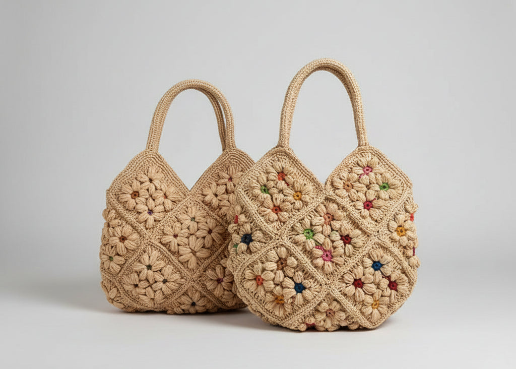 Two crocheted handbags with floral patterns on a light surface.