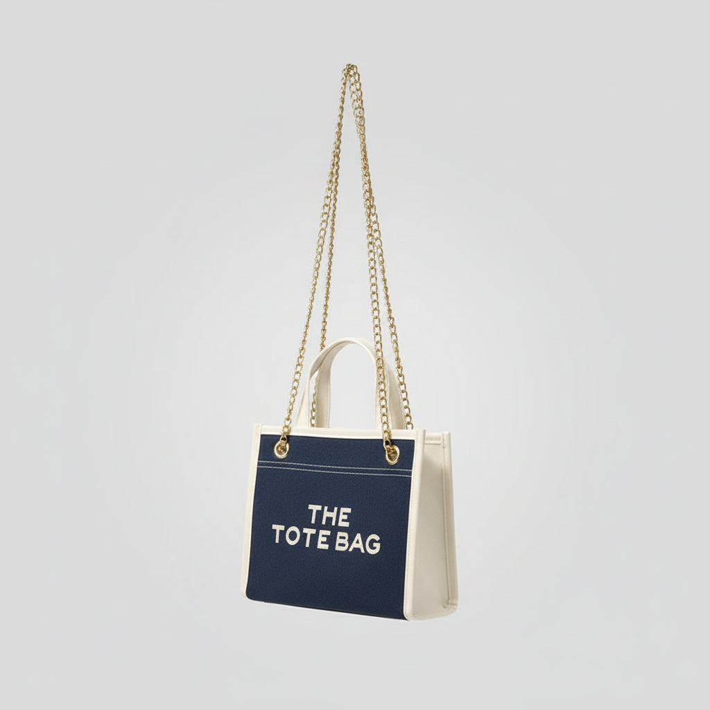 Denim Chain Tote Bag with Embroidered Statement Detail