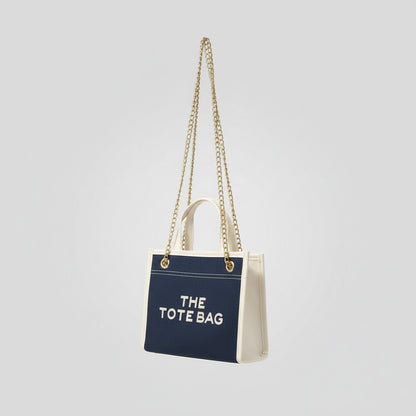 Denim Chain Tote Bag with Embroidered Statement Detail