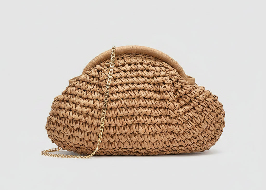 Brown woven handbag with dimensions indicated on a white background