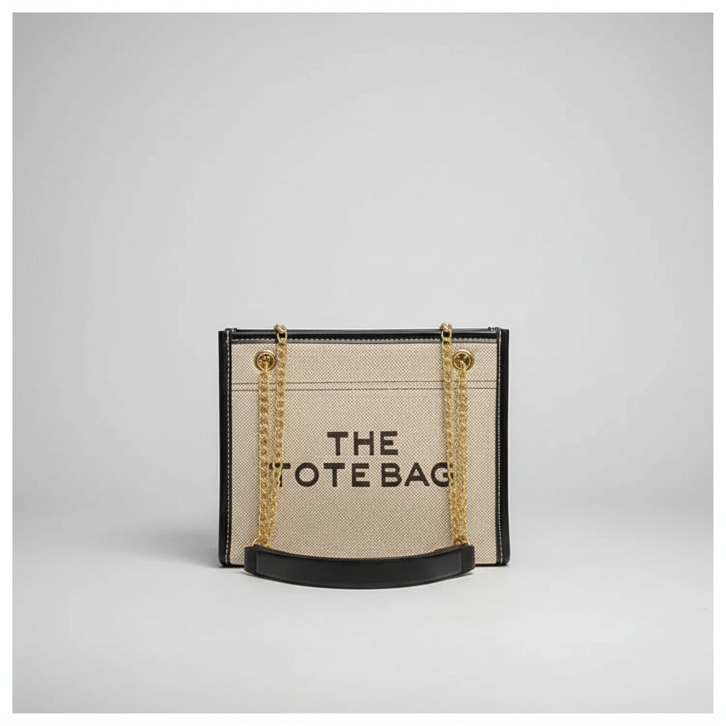 Denim Chain Tote Bag with Embroidered Statement Detail