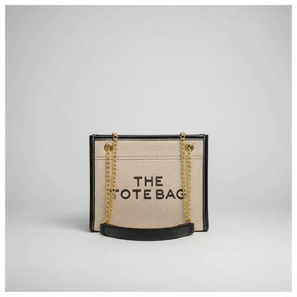 Denim Chain Tote Bag with Embroidered Statement Detail