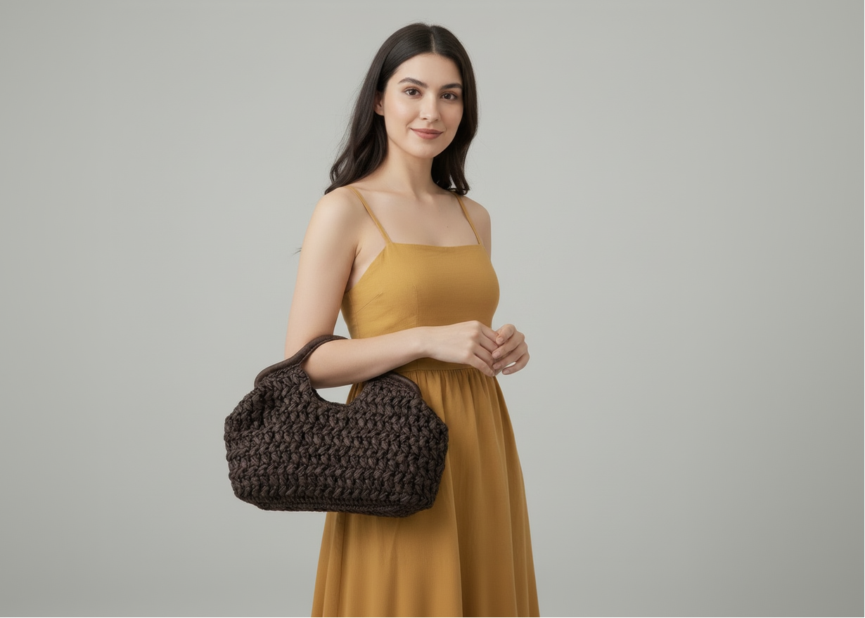 Person holding a brown woven handbag and a small bouquet of flowers indoors.