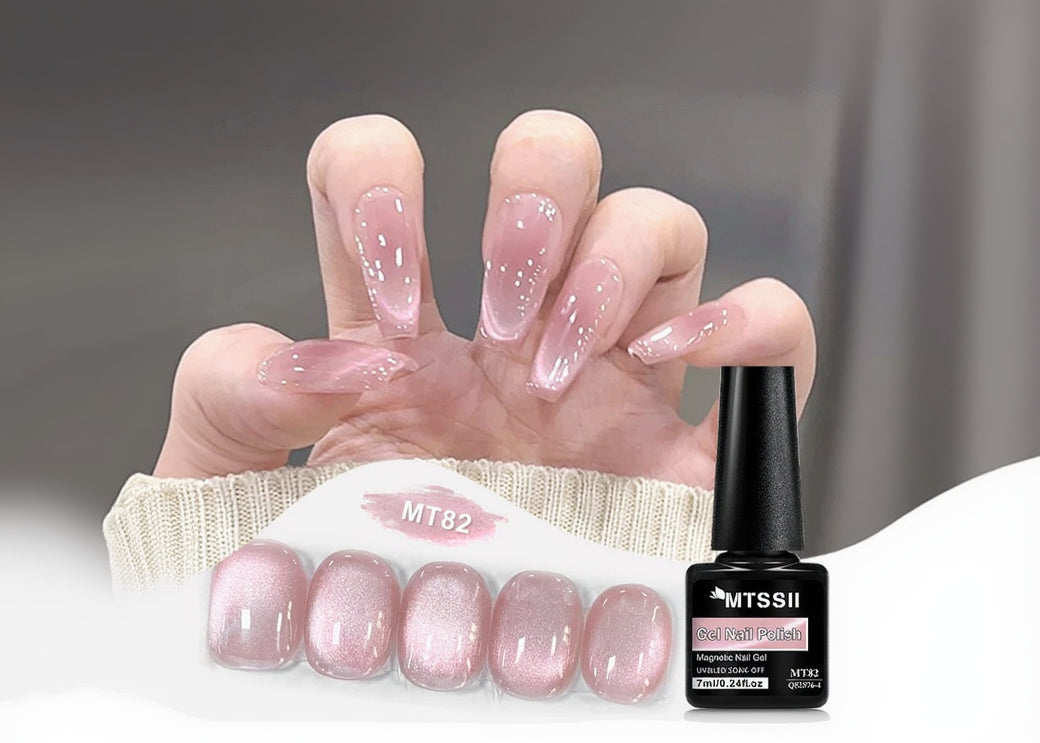 Hand with pink gel nail polish and MTSSII gel nail polish bottle on a white background