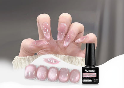 Hand with pink gel nail polish and MTSSII gel nail polish bottle on a white background