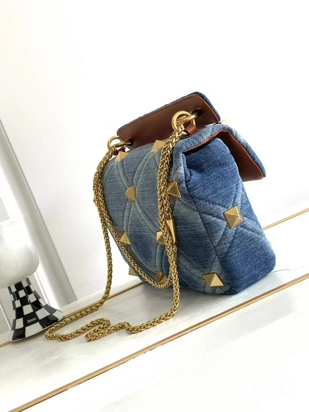 Belle Studded Denim Flap Shoulder Bag