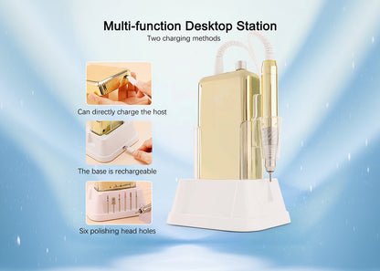 Gold dental tool with charging station on a blue gradient background