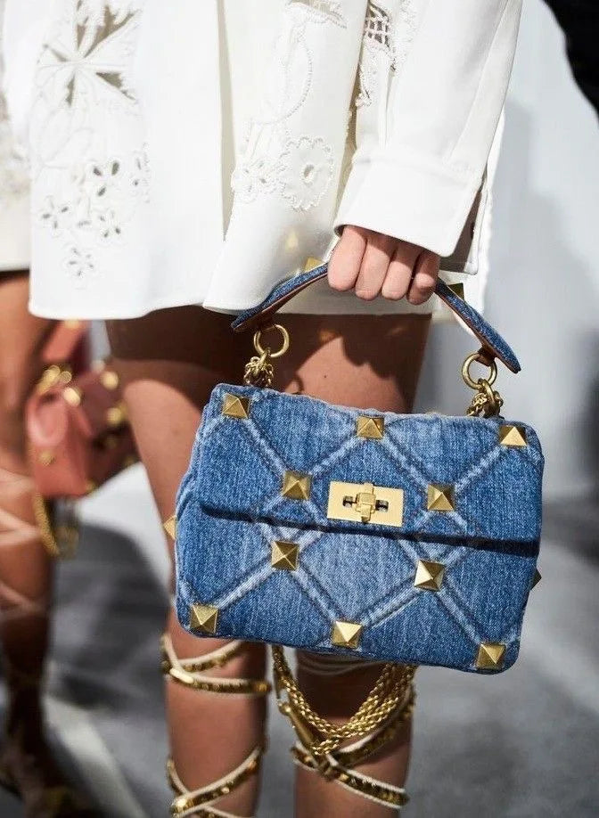 Belle Studded Denim Flap Shoulder Bag