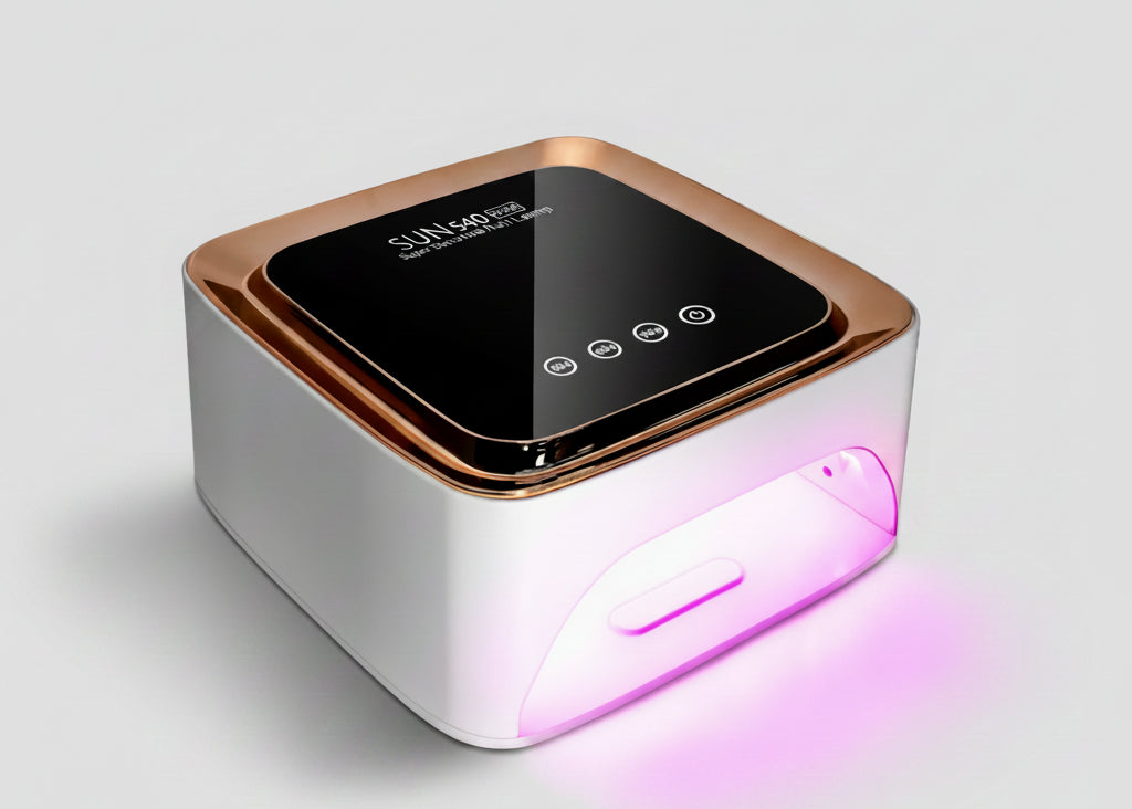 Nail dryer with digital display and USB charging cable on a white background