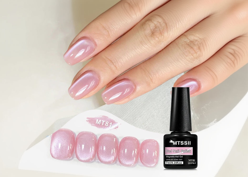 Hand with pink gel nail polish and MTSSII nail polish bottle on a white background