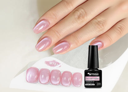 Hand with pink gel nail polish and MTSSII nail polish bottle on a white background