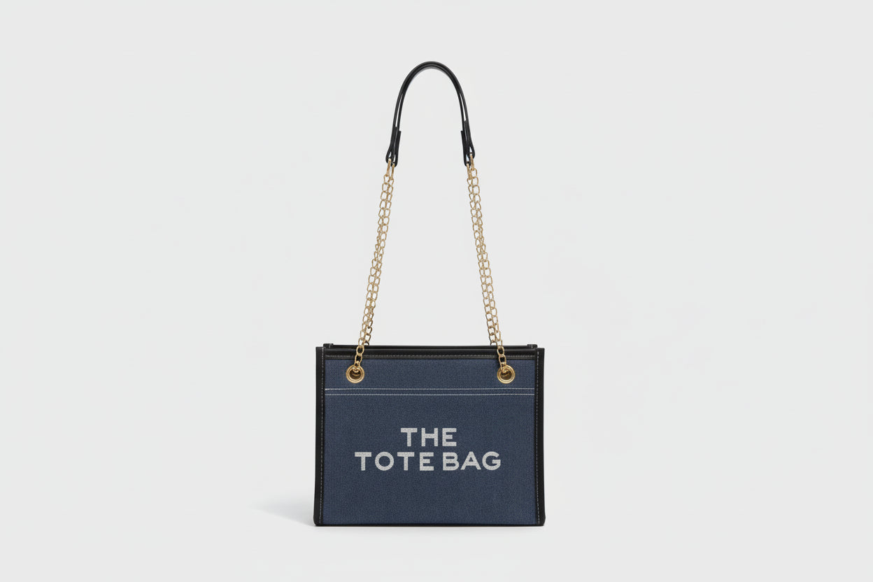 Denim Chain Tote Bag with Embroidered Statement Detail